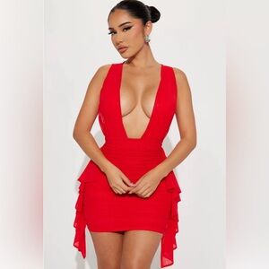 Sexy Red Deep V Ruffle Dress